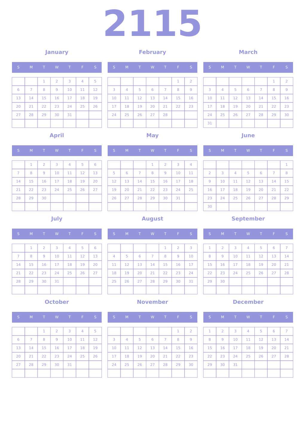 Printable 2115 Year Calendars periwinkle