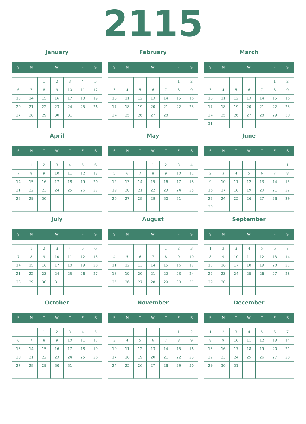 Printable 2115 Year Calendars viridian