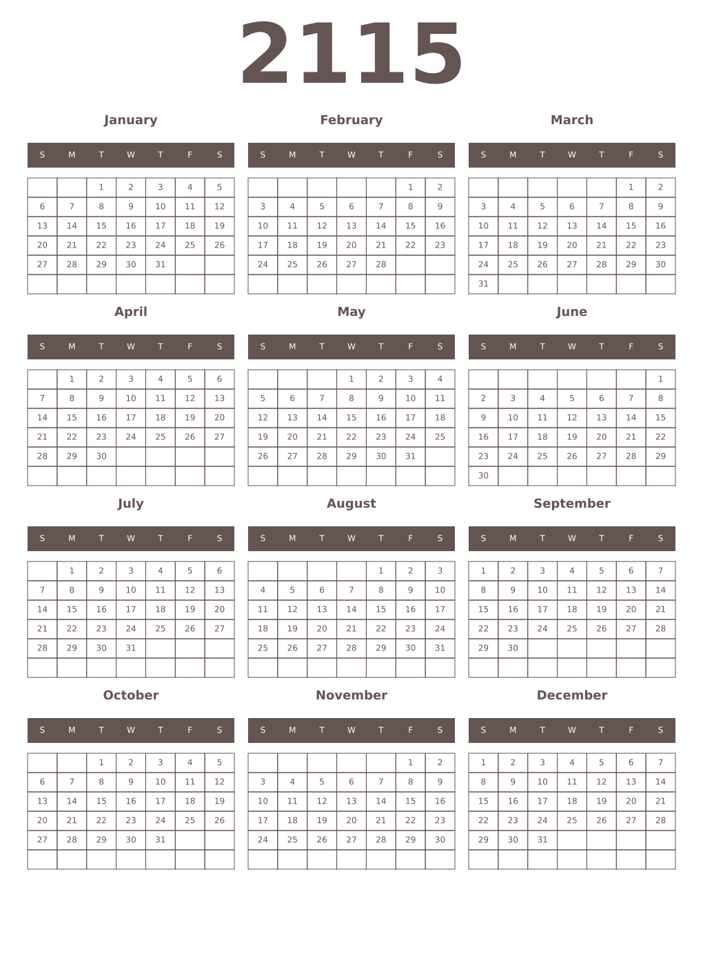 Printable 2115 Year Calendars wenge
