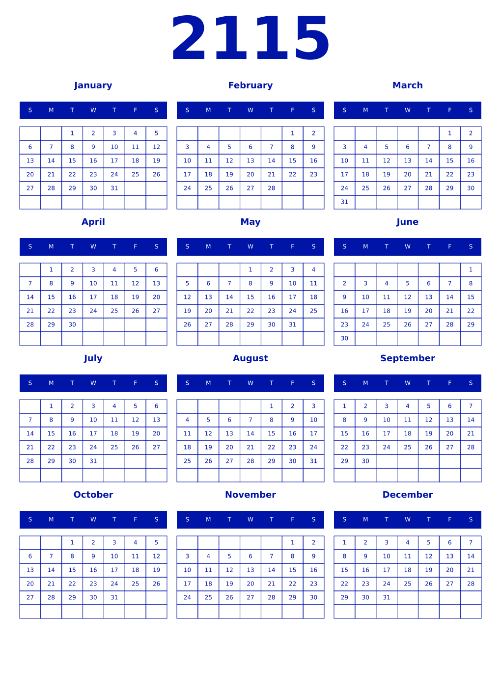 Printable 2115 Year Calendars zaffre