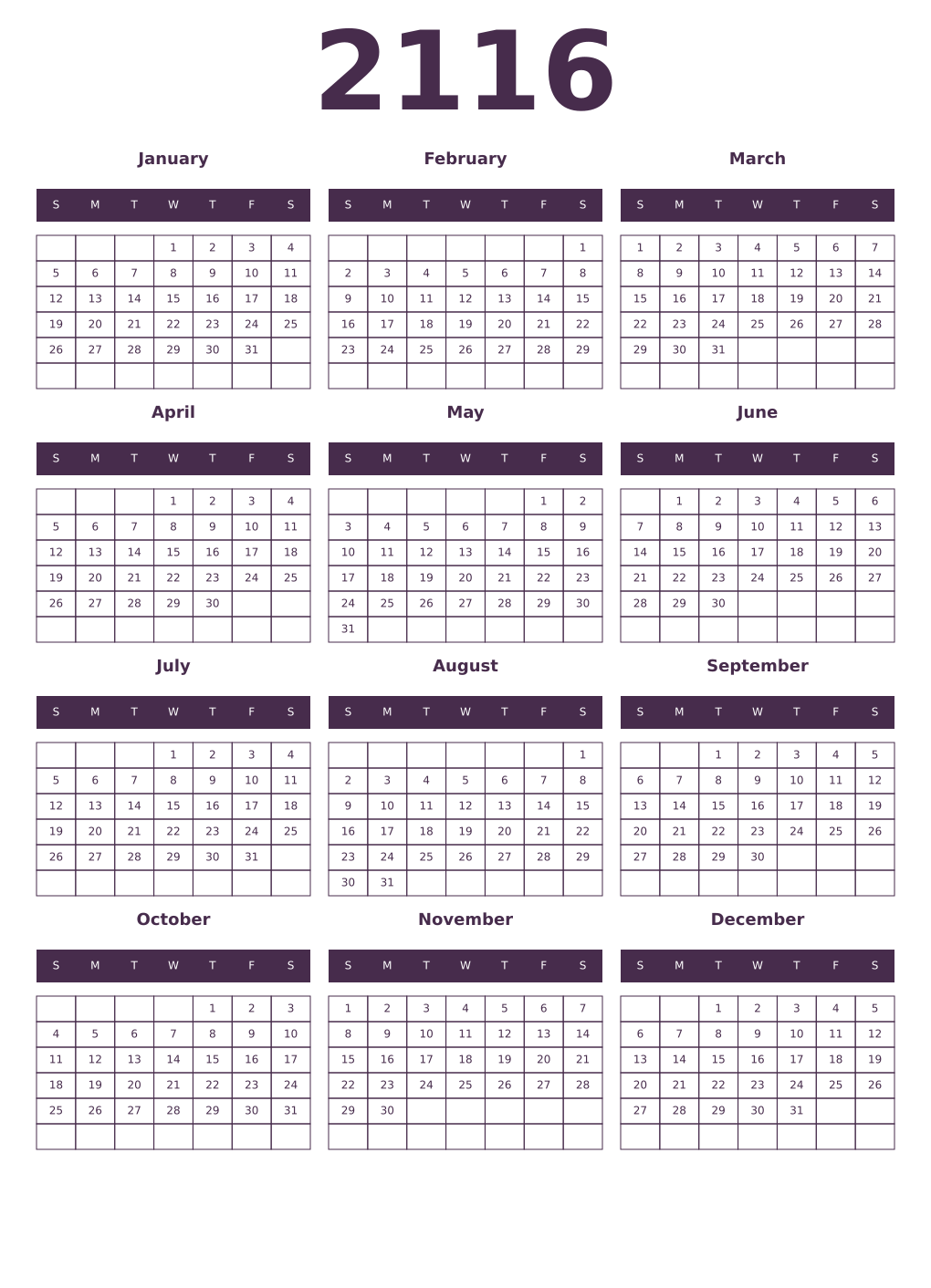 Printable 2116 Year Calendars aubergine