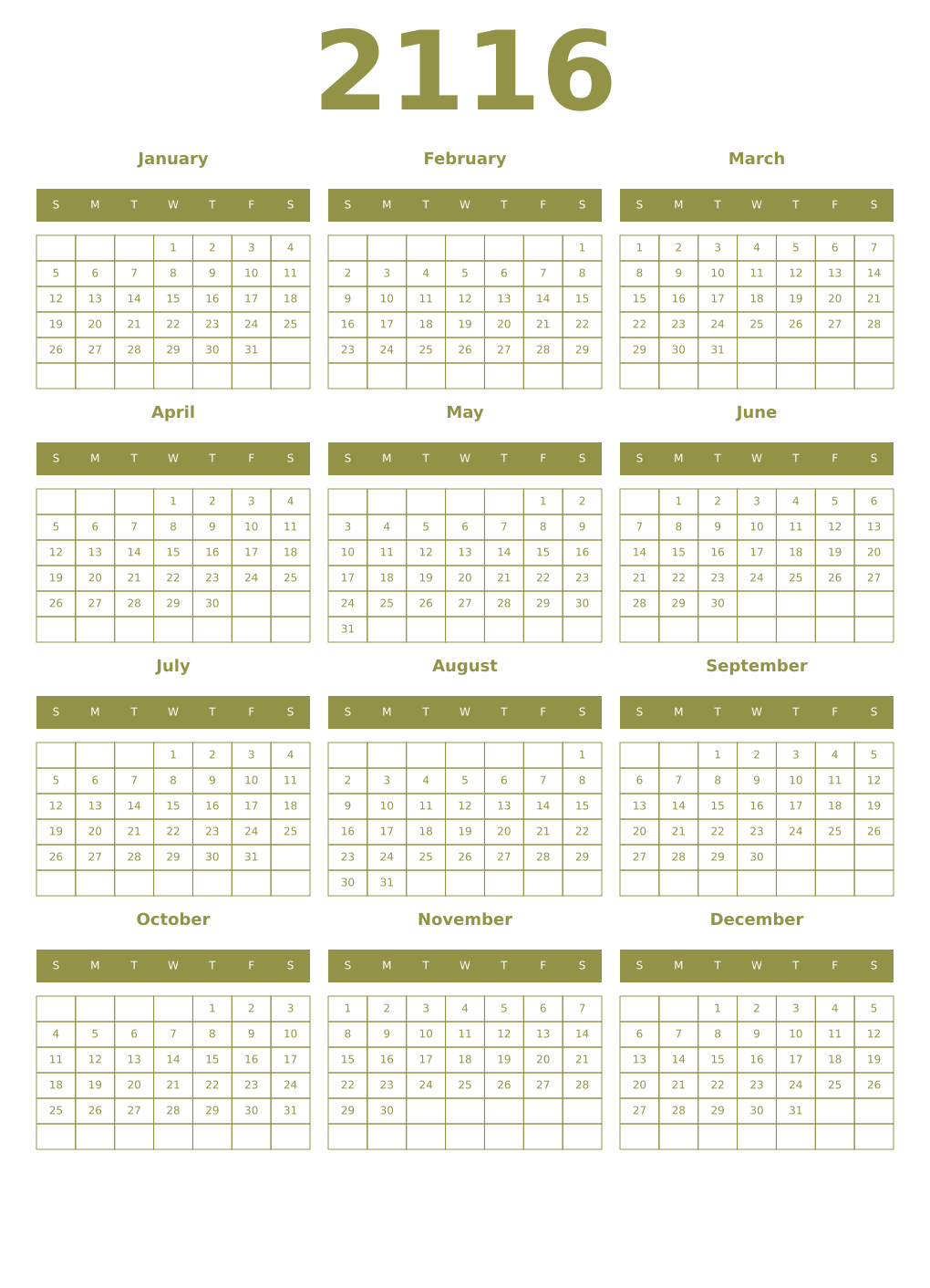 Printable 2116 Year Calendars eburnean