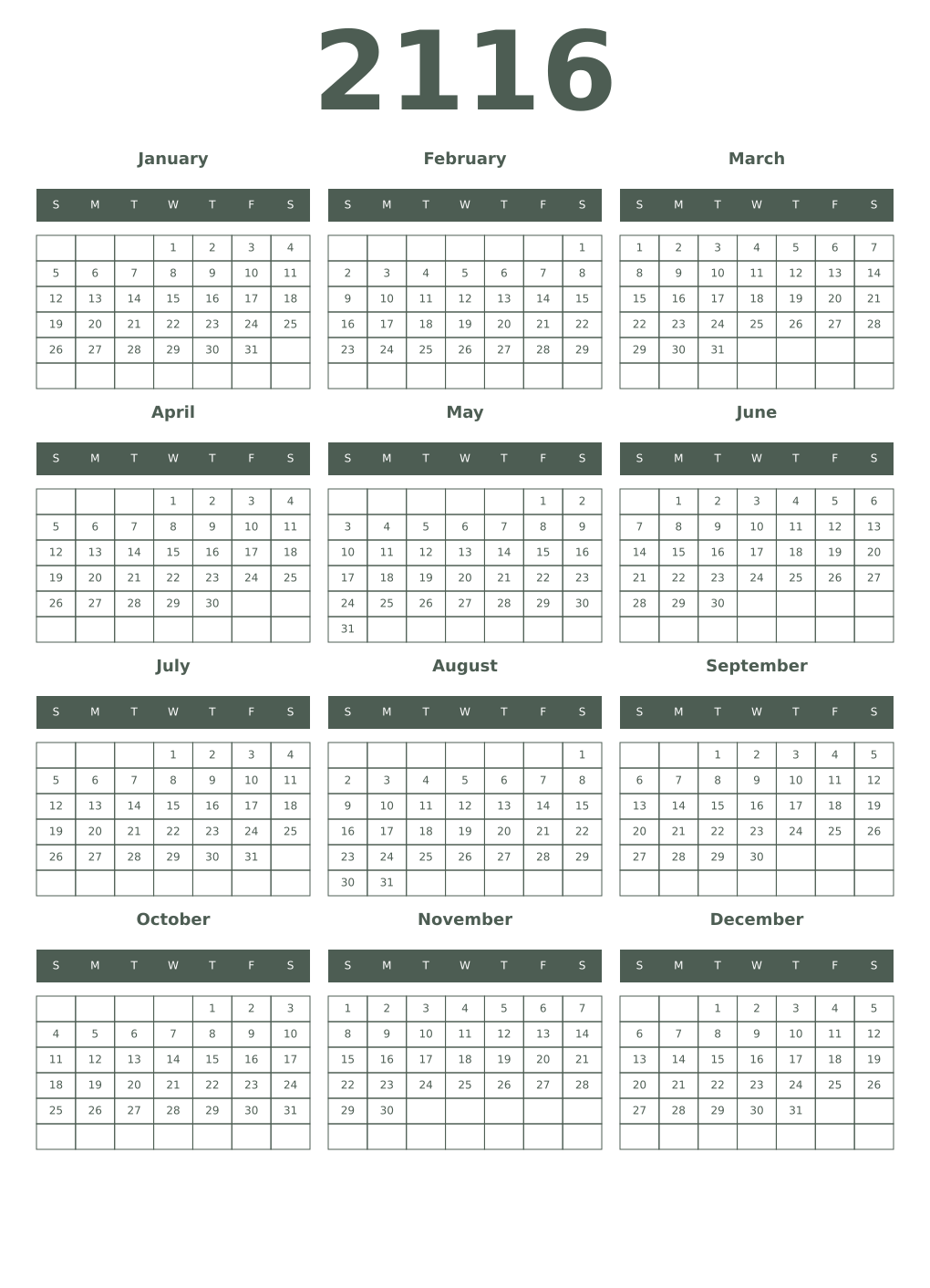 Printable 2116 Year Calendars feldgrau