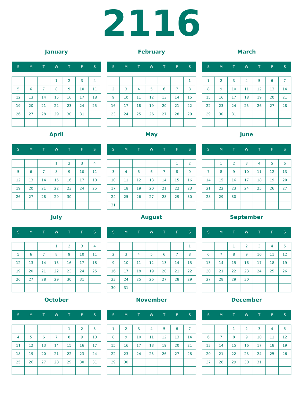 Printable 2116 Year Calendars pastel