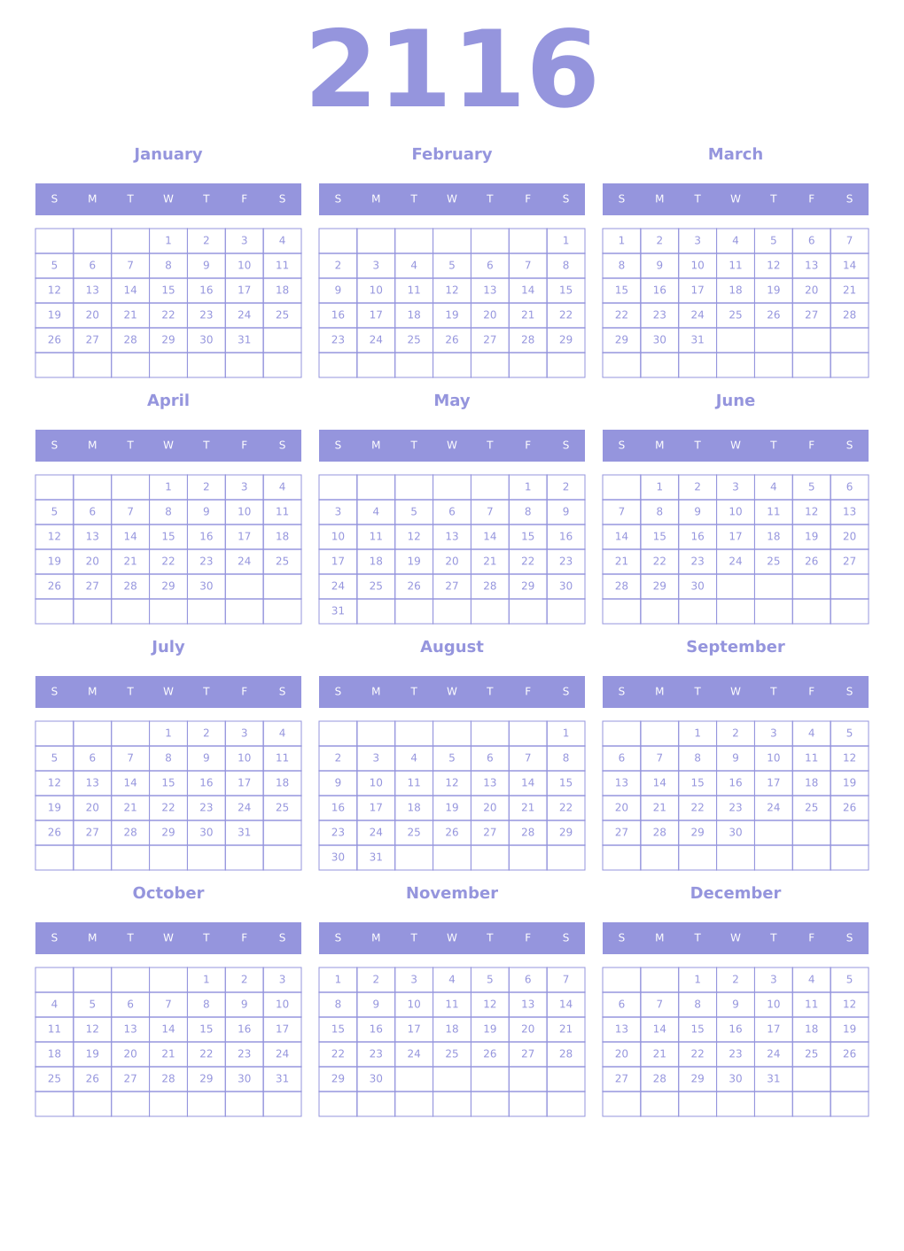 Printable 2116 Year Calendars periwinkle