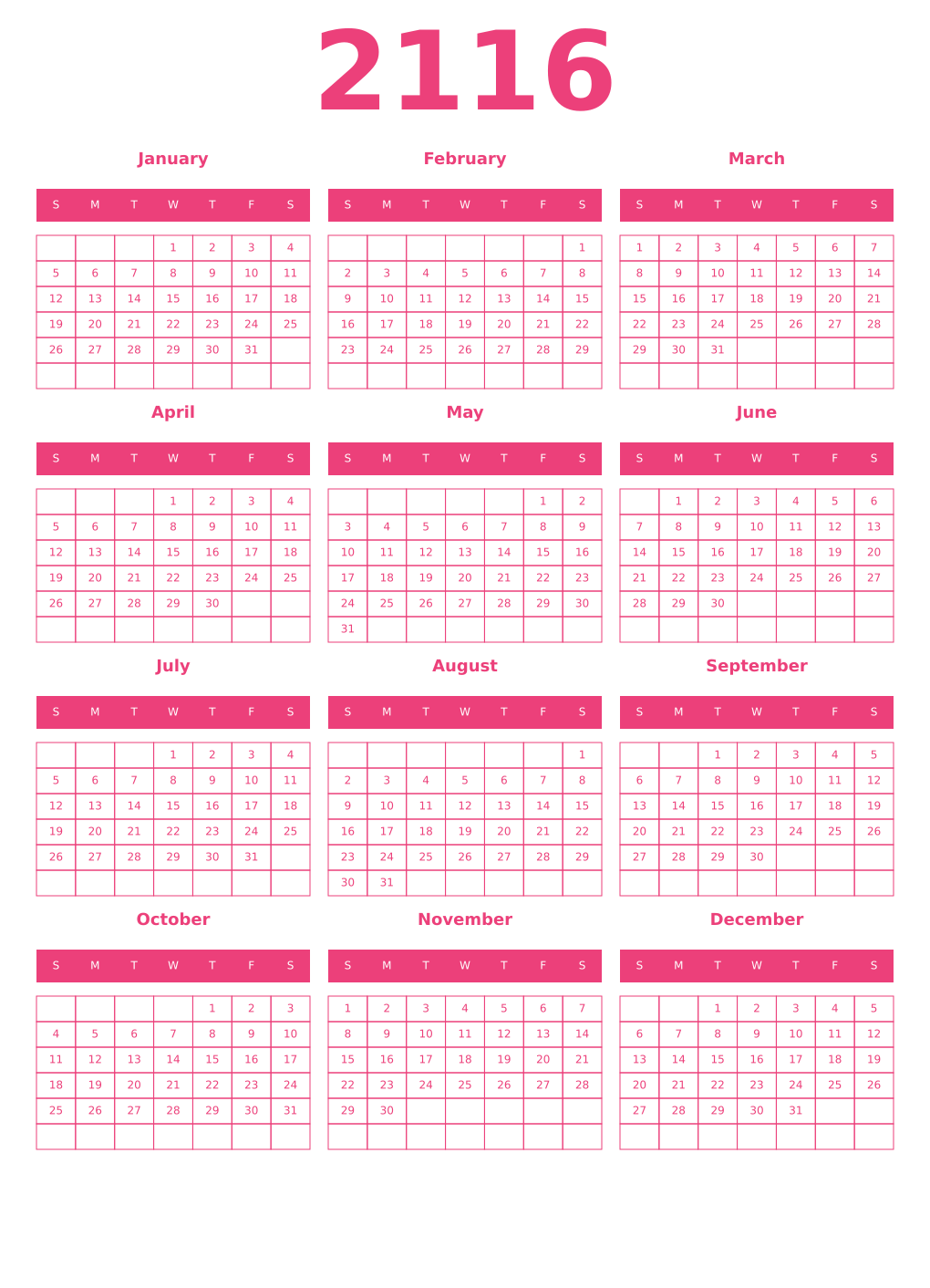 Printable 2116 Year Calendars pink