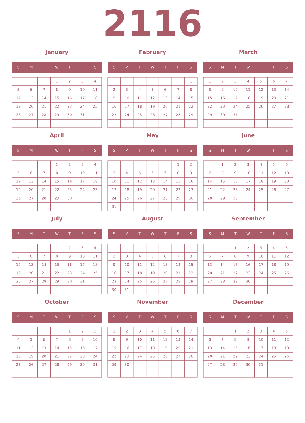 Printable 2116 Year Calendars puce