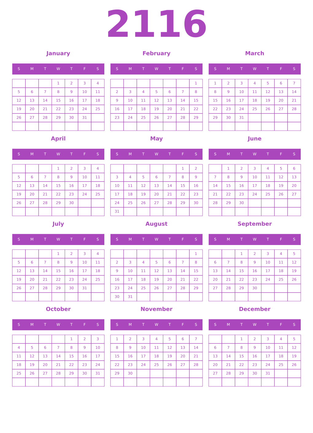 Printable 2116 Year Calendars purple