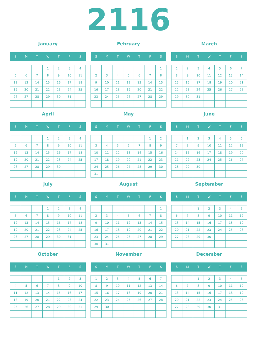 Printable 2116 Year Calendars verdigris