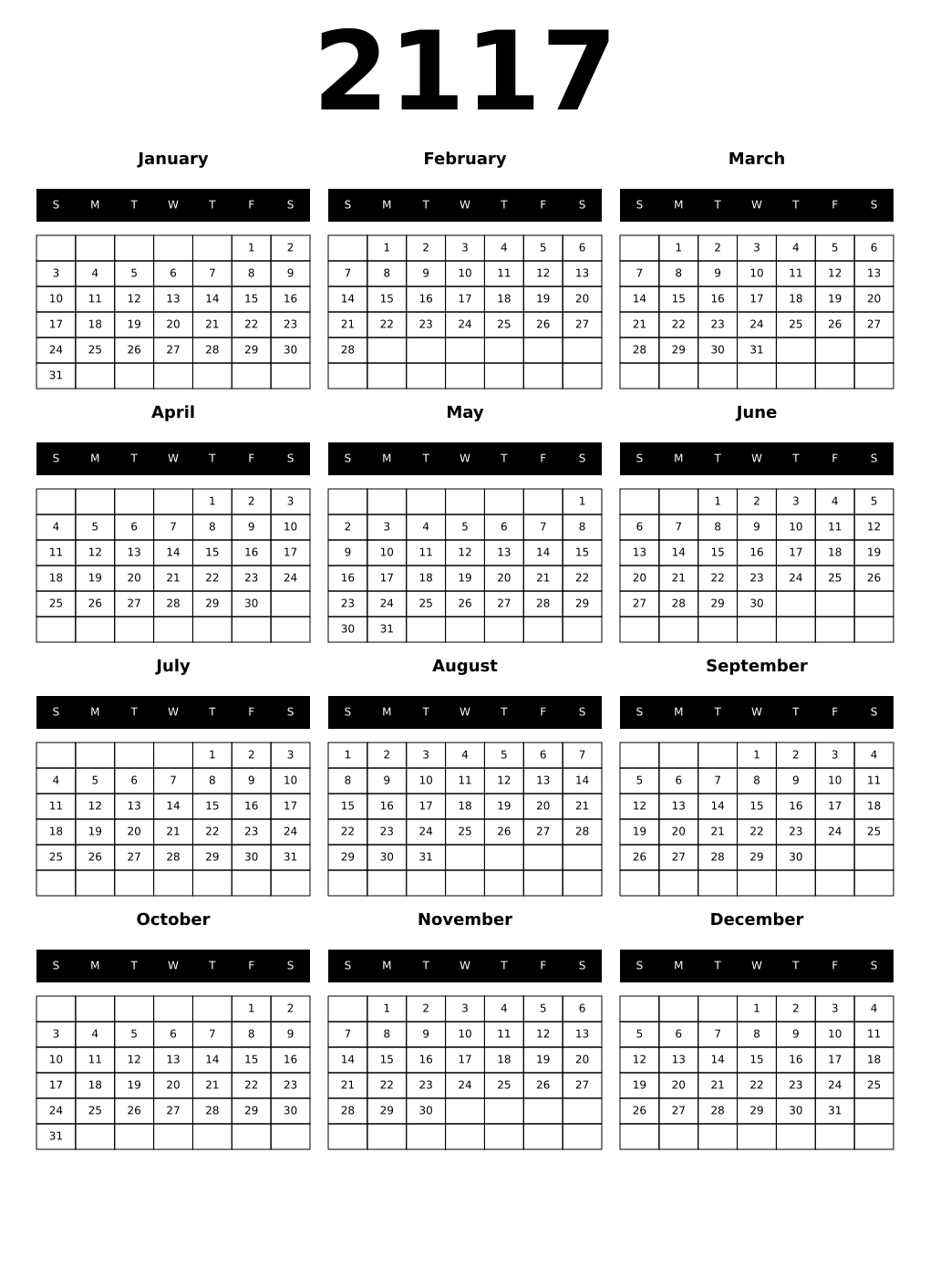 Printable 2117 Year Calendars black