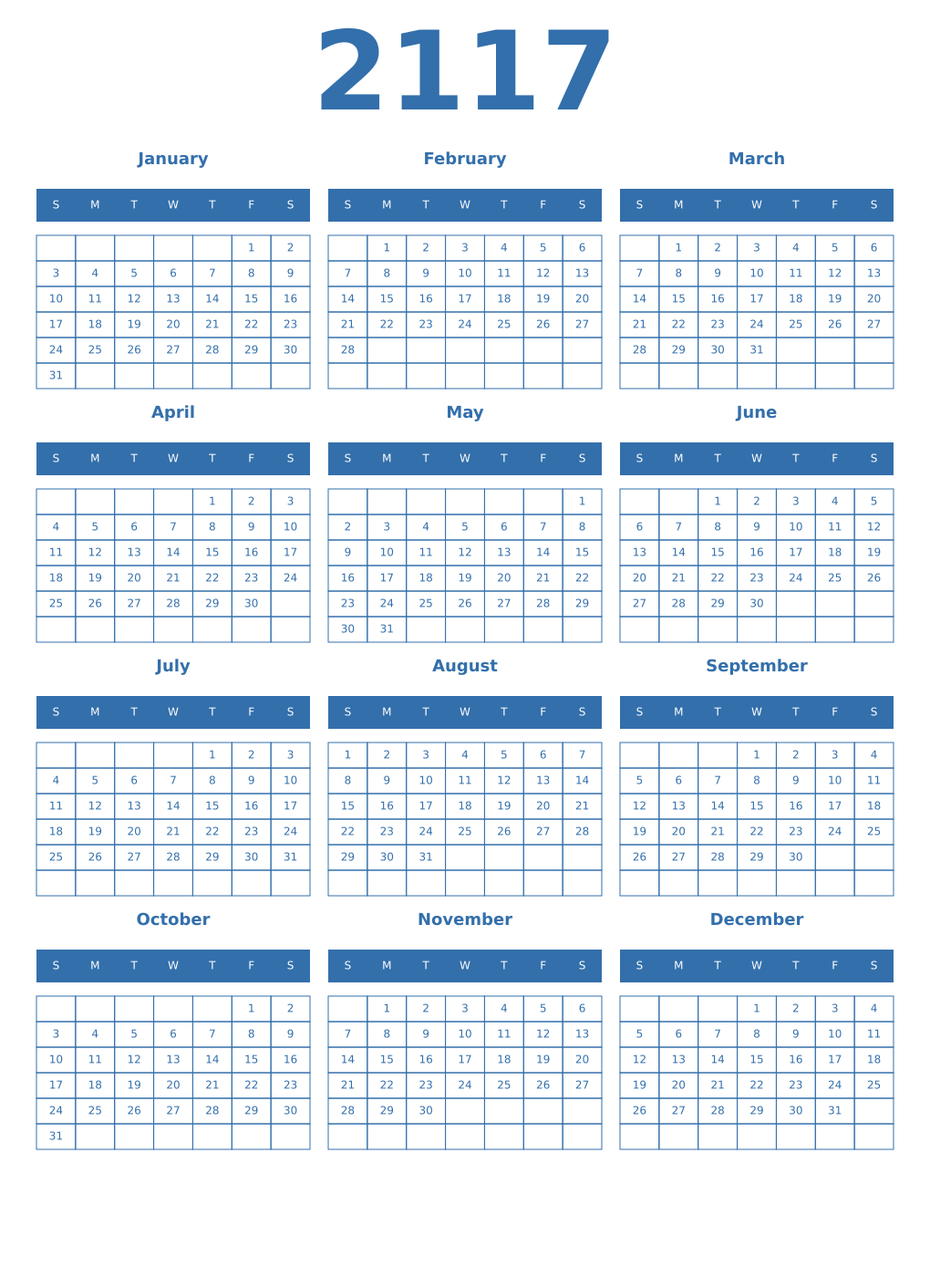 Printable 2117 Year Calendars blue