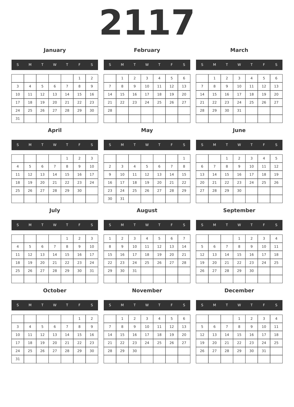 Printable 2117 Year Calendars dark