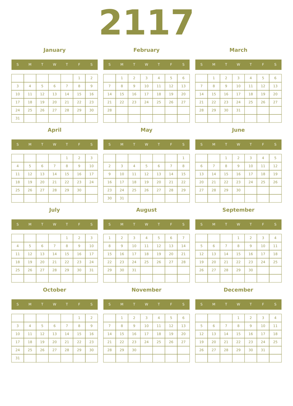 Printable 2117 Year Calendars eburnean
