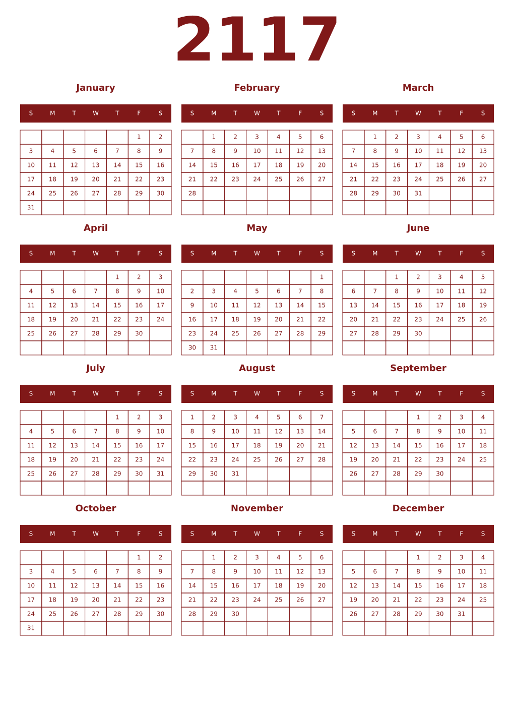Printable 2117 Year Calendars falu