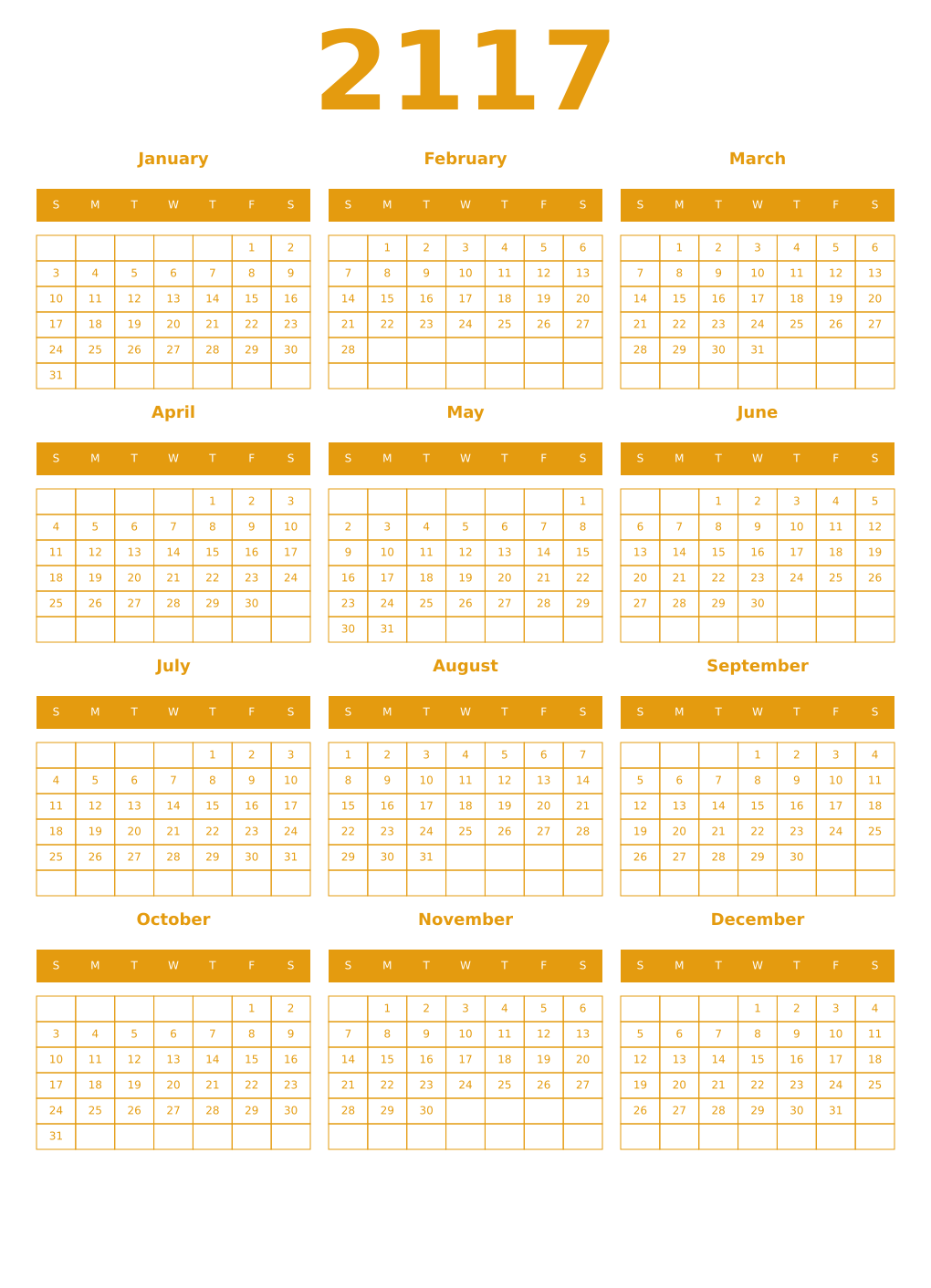 Printable 2117 Year Calendars gamboge