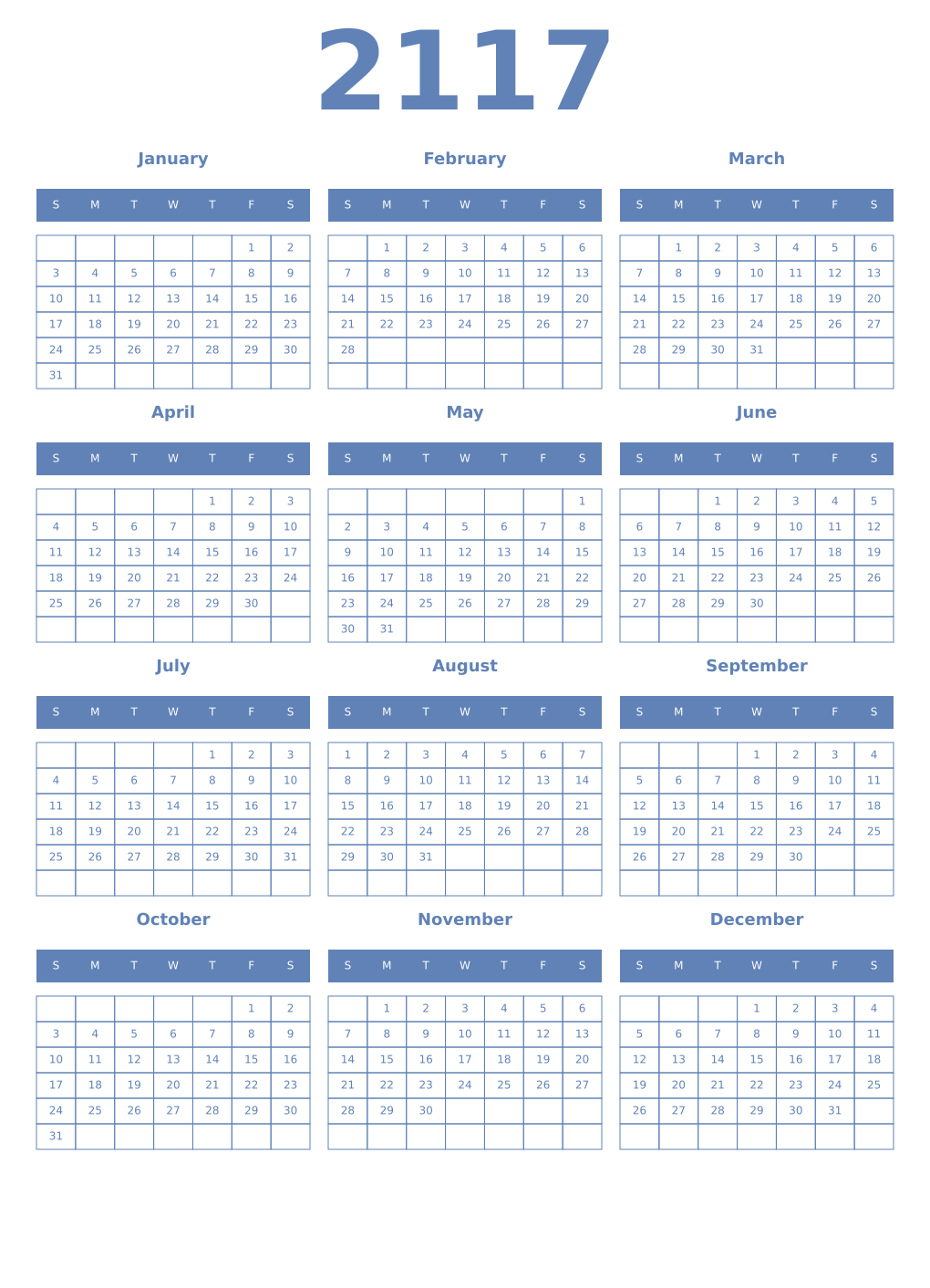 Printable 2117 Year Calendars glaucous