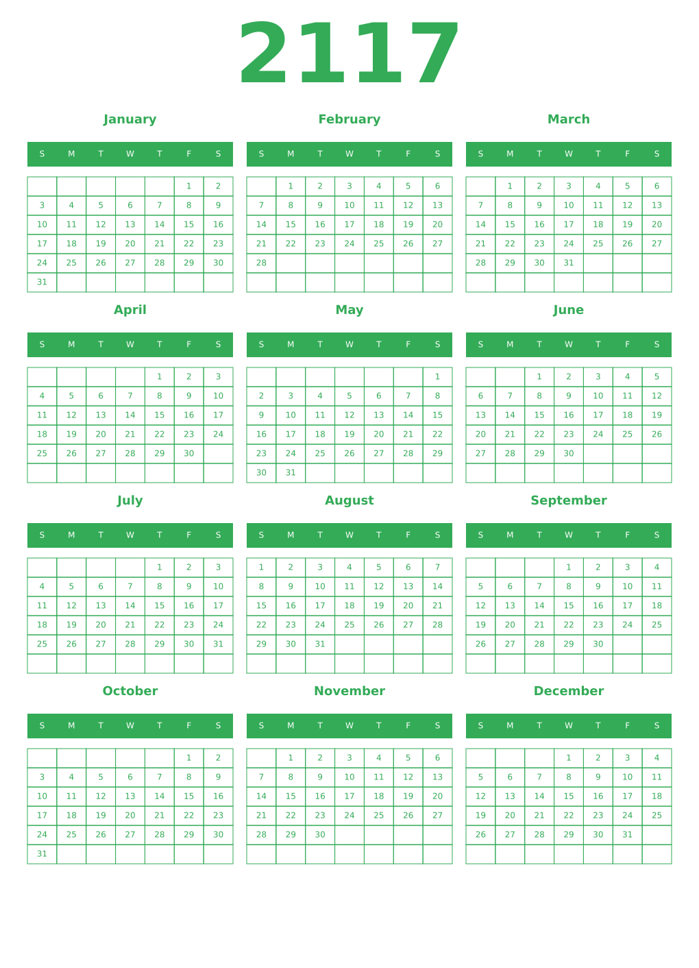 Printable 2117 Year Calendars green
