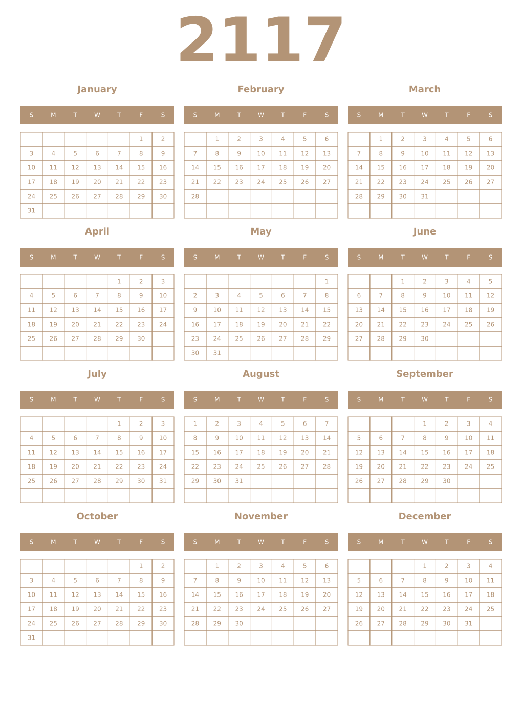 Printable 2117 Year Calendars isabelline