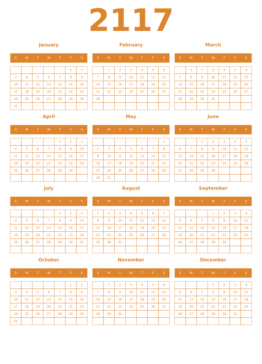 Printable 2117 Year Calendars orange