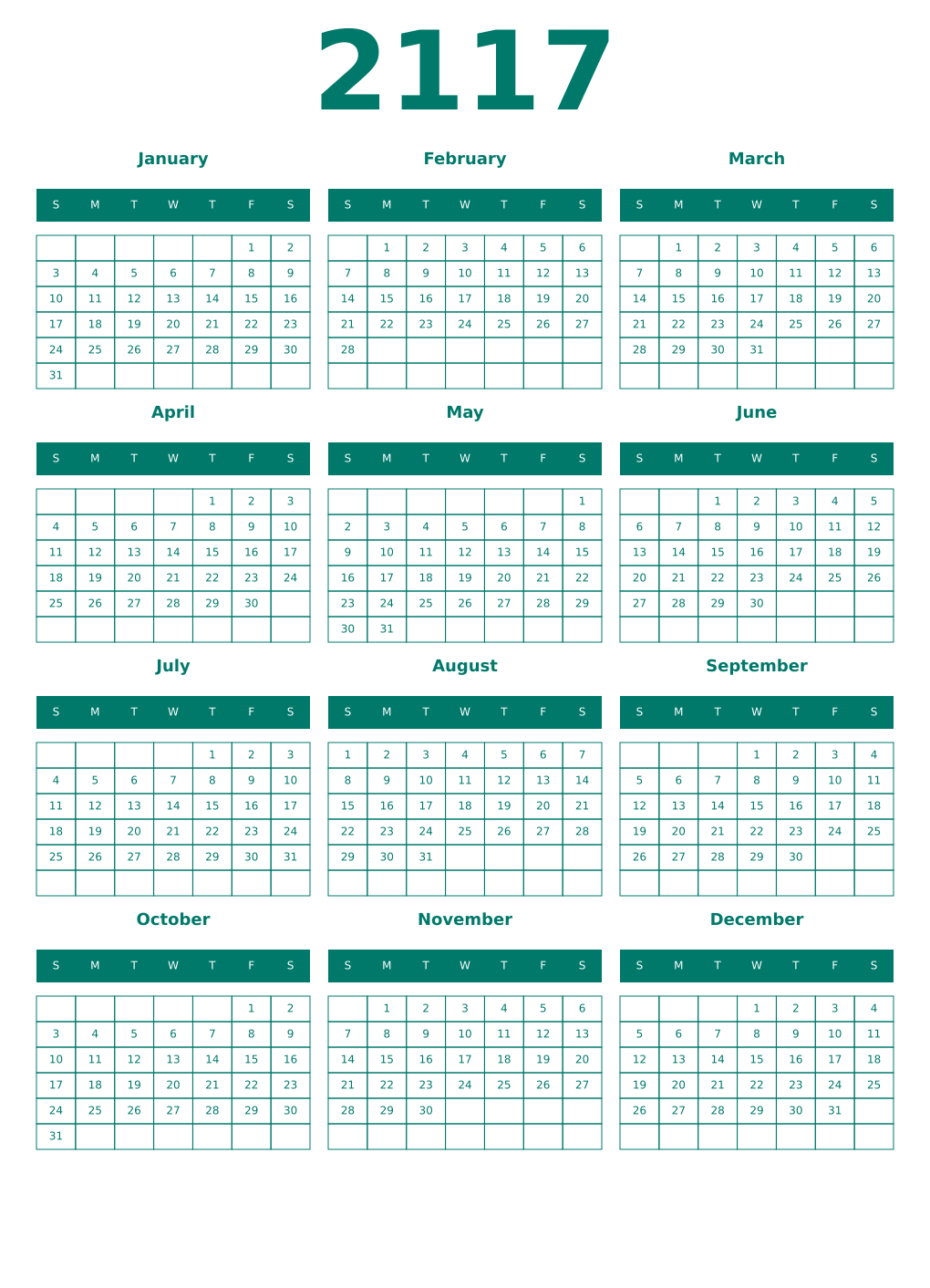Printable 2117 Year Calendars pastel