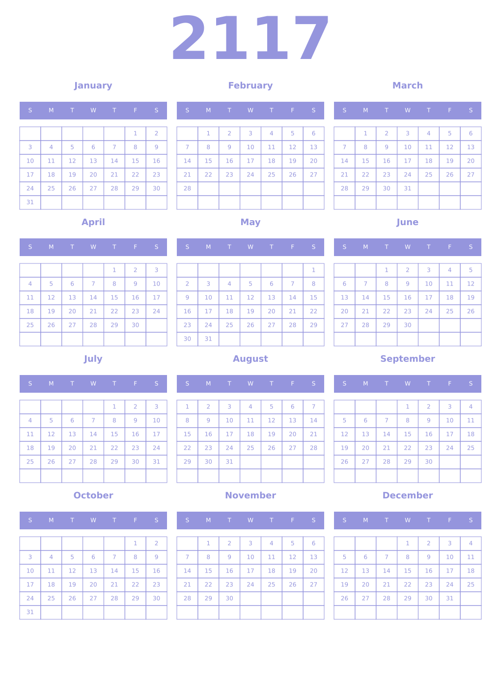 Printable 2117 Year Calendars periwinkle