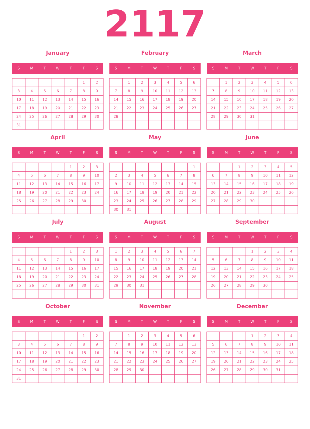 Printable 2117 Year Calendars pink