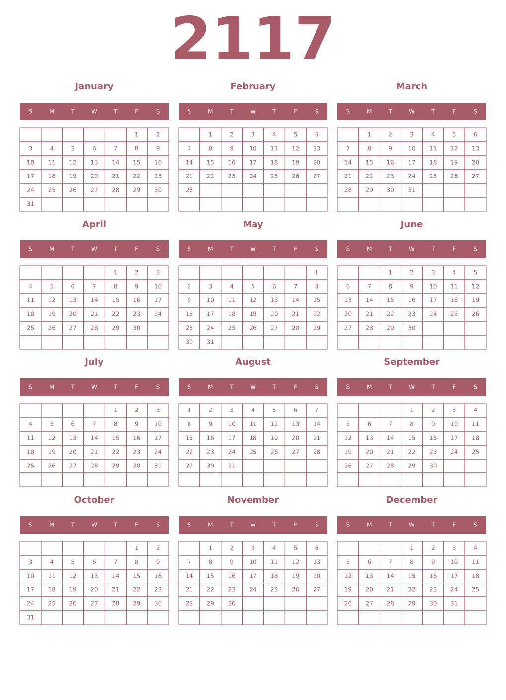 Printable 2117 Year Calendars puce