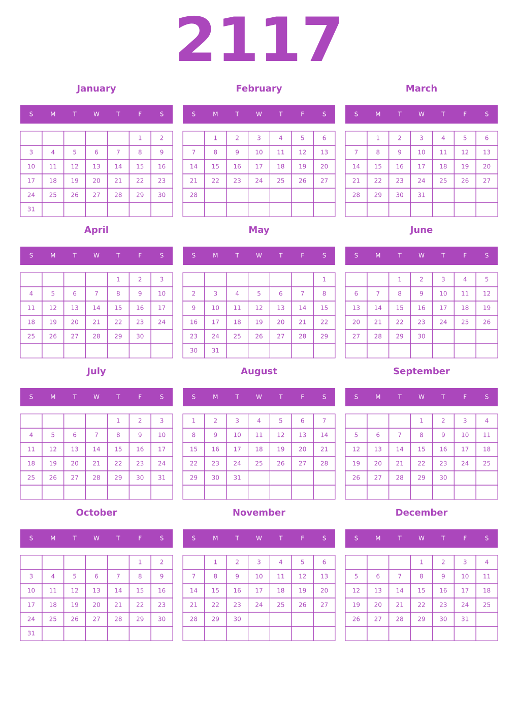 Printable 2117 Year Calendars purple