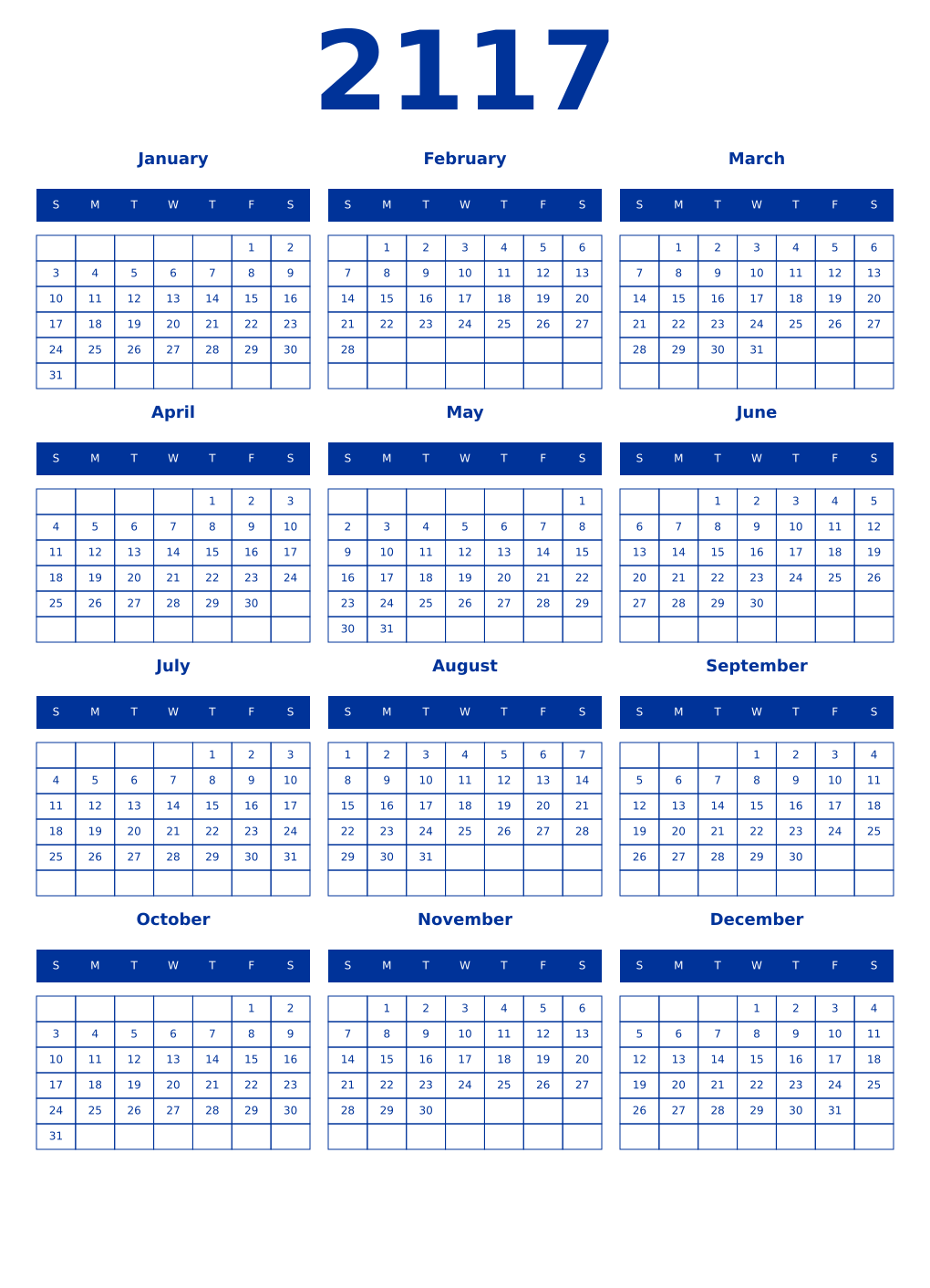 Printable 2117 Year Calendars smalt
