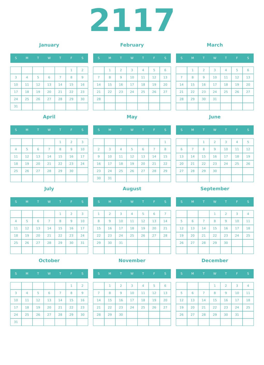 Printable 2117 Year Calendars verdigris