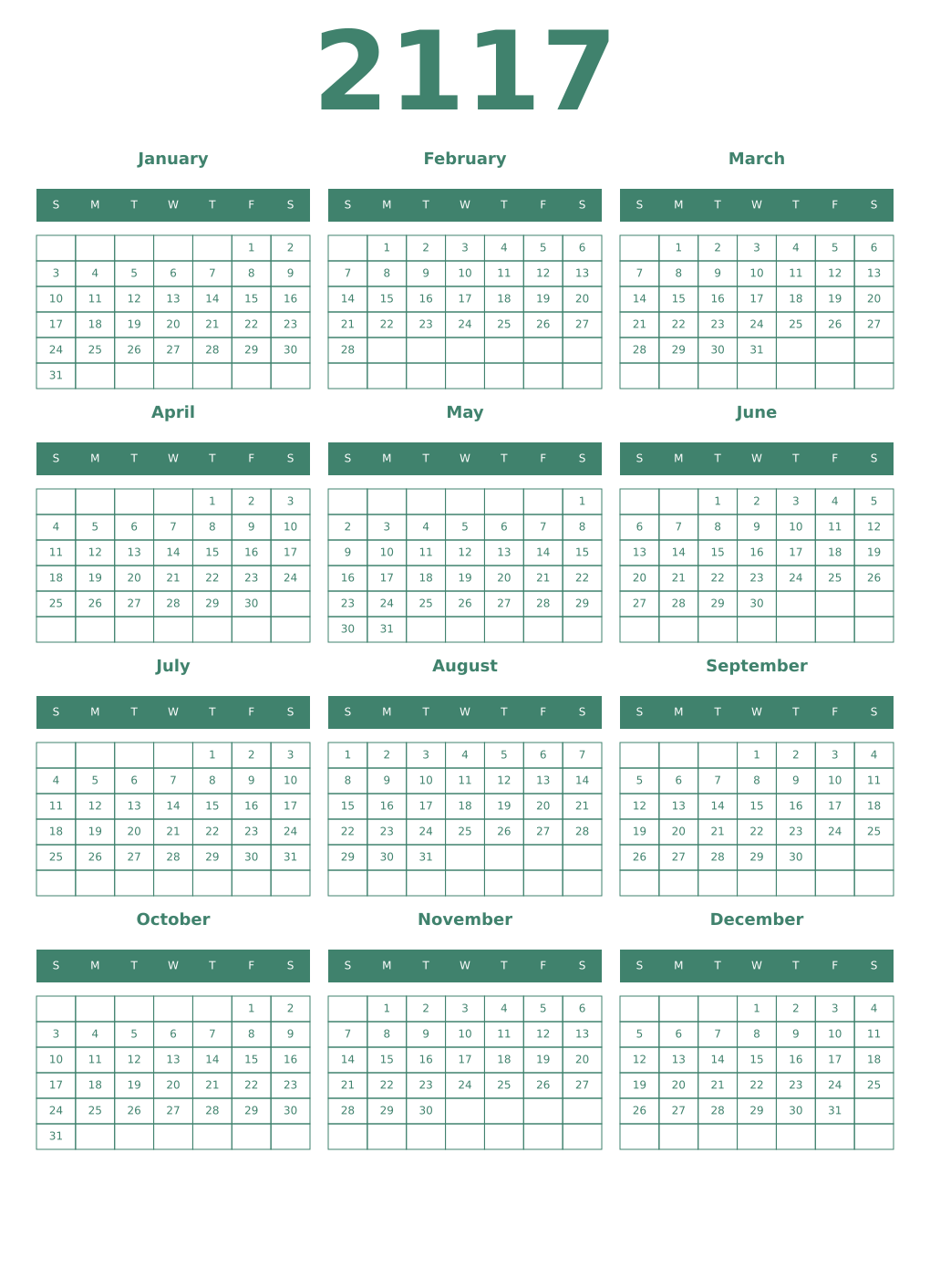 Printable 2117 Year Calendars viridian