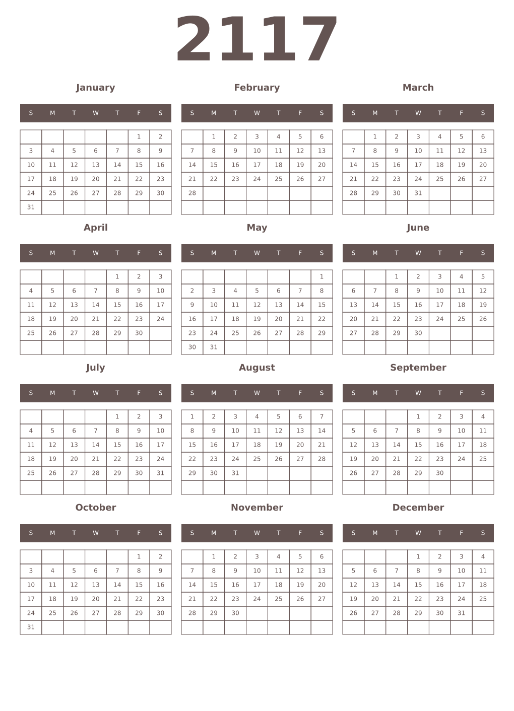 Printable 2117 Year Calendars wenge