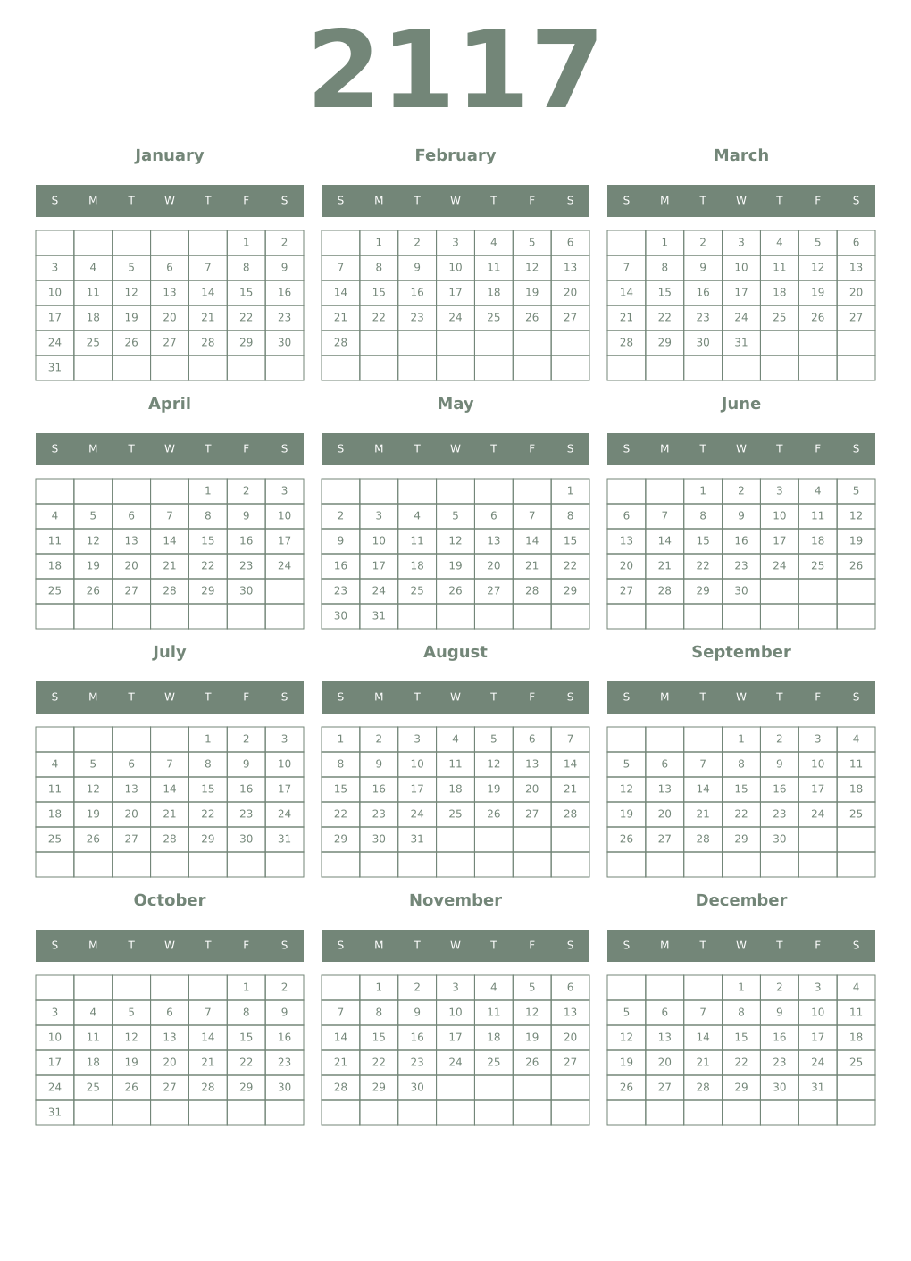 Printable 2117 Year Calendars xanadu