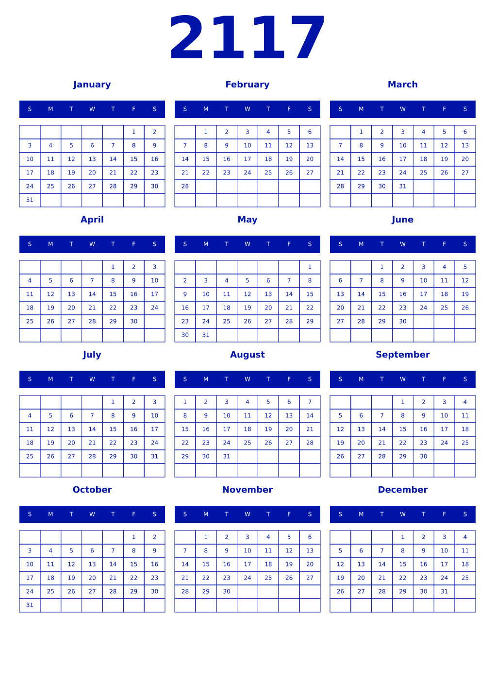 Printable 2117 Year Calendars zaffre