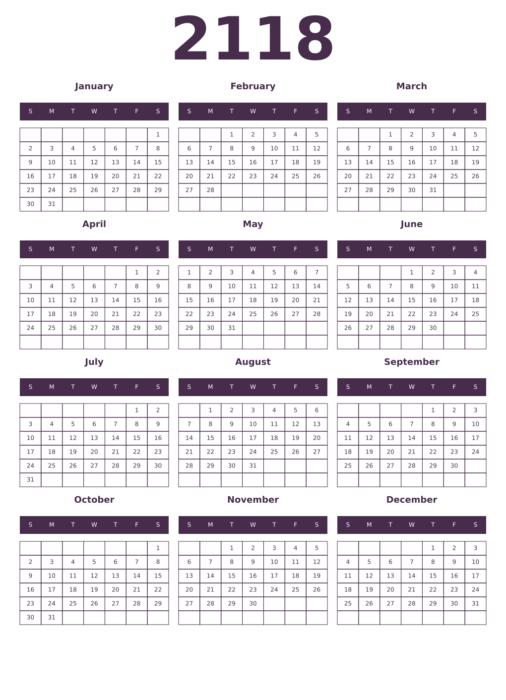 Printable 2118 Year Calendars aubergine