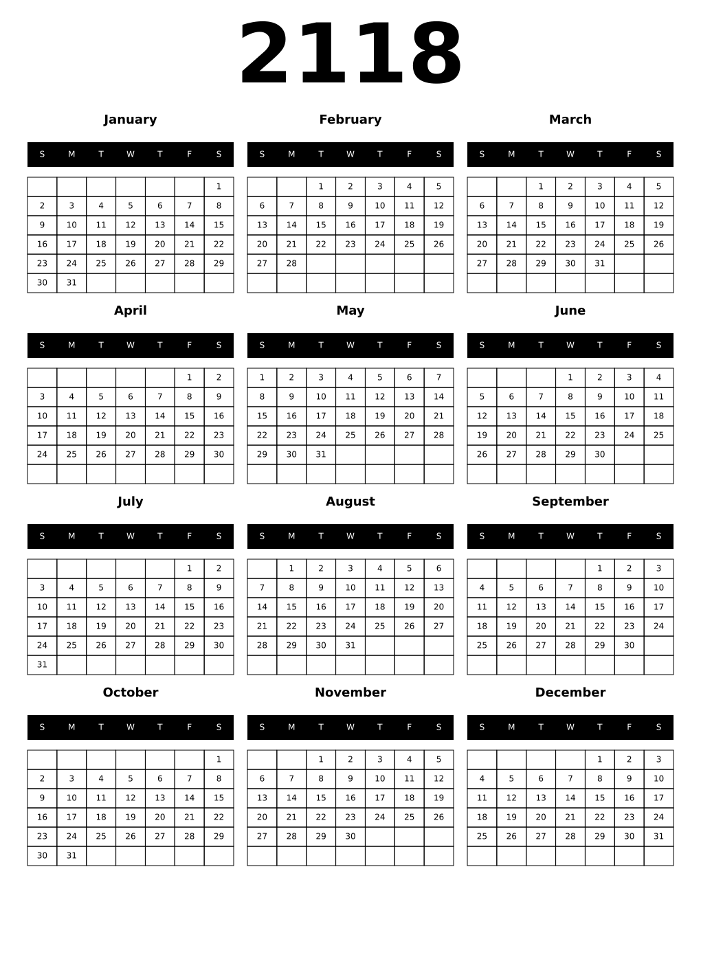 Printable 2118 Year Calendars black