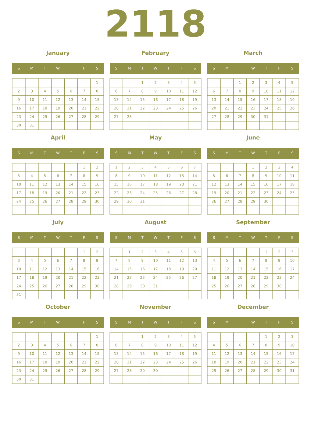 Printable 2118 Year Calendars eburnean