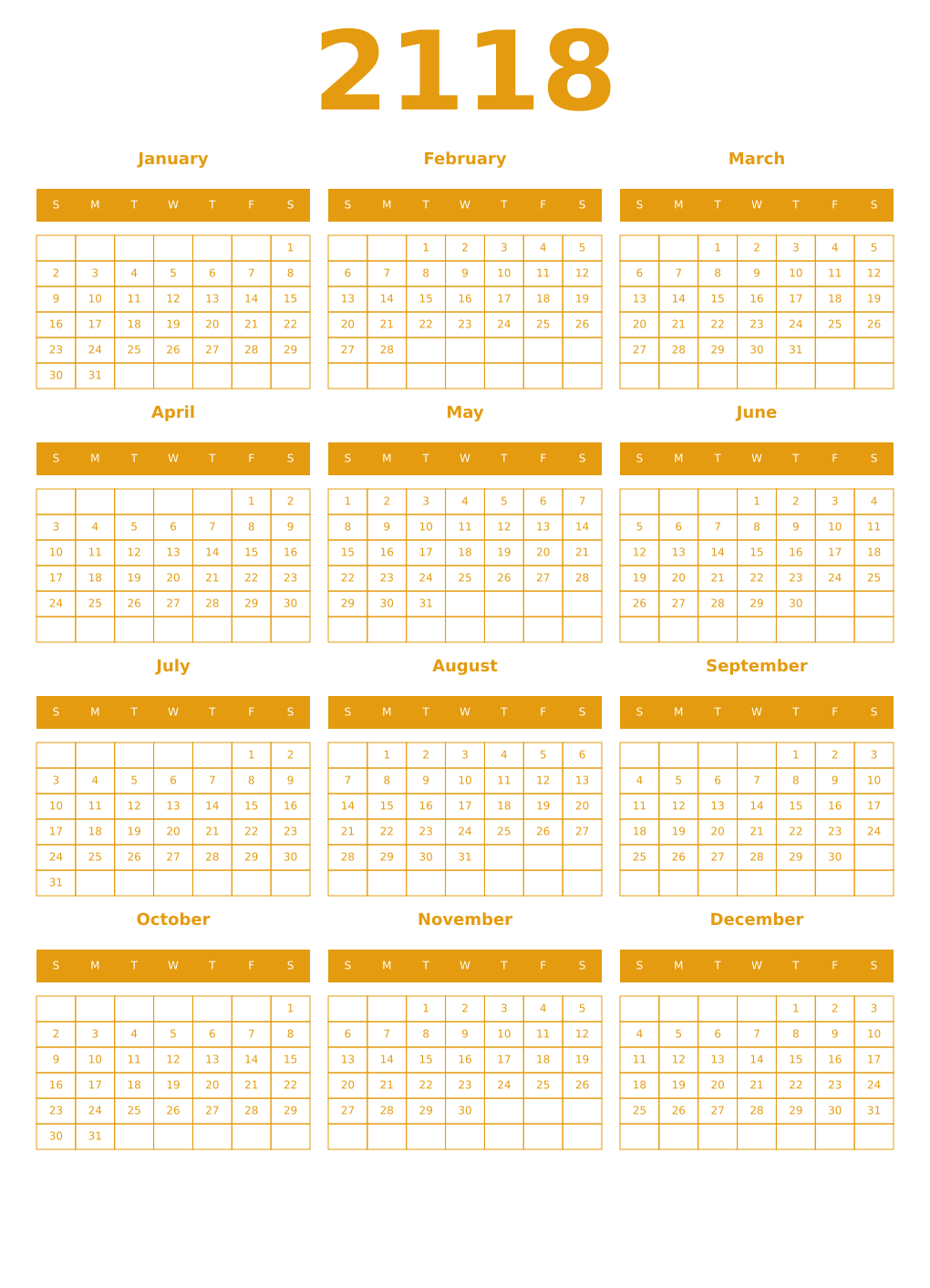 Printable 2118 Year Calendars gamboge