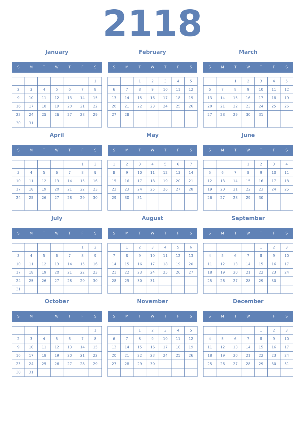 Printable 2118 Year Calendars glaucous