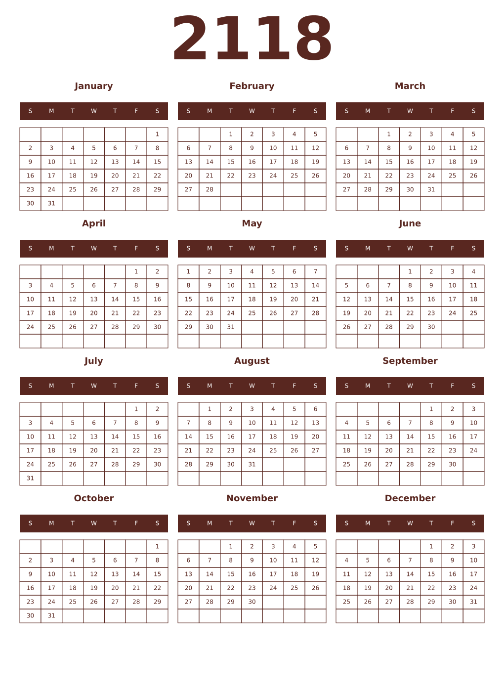 Printable 2118 Year Calendars mortuum