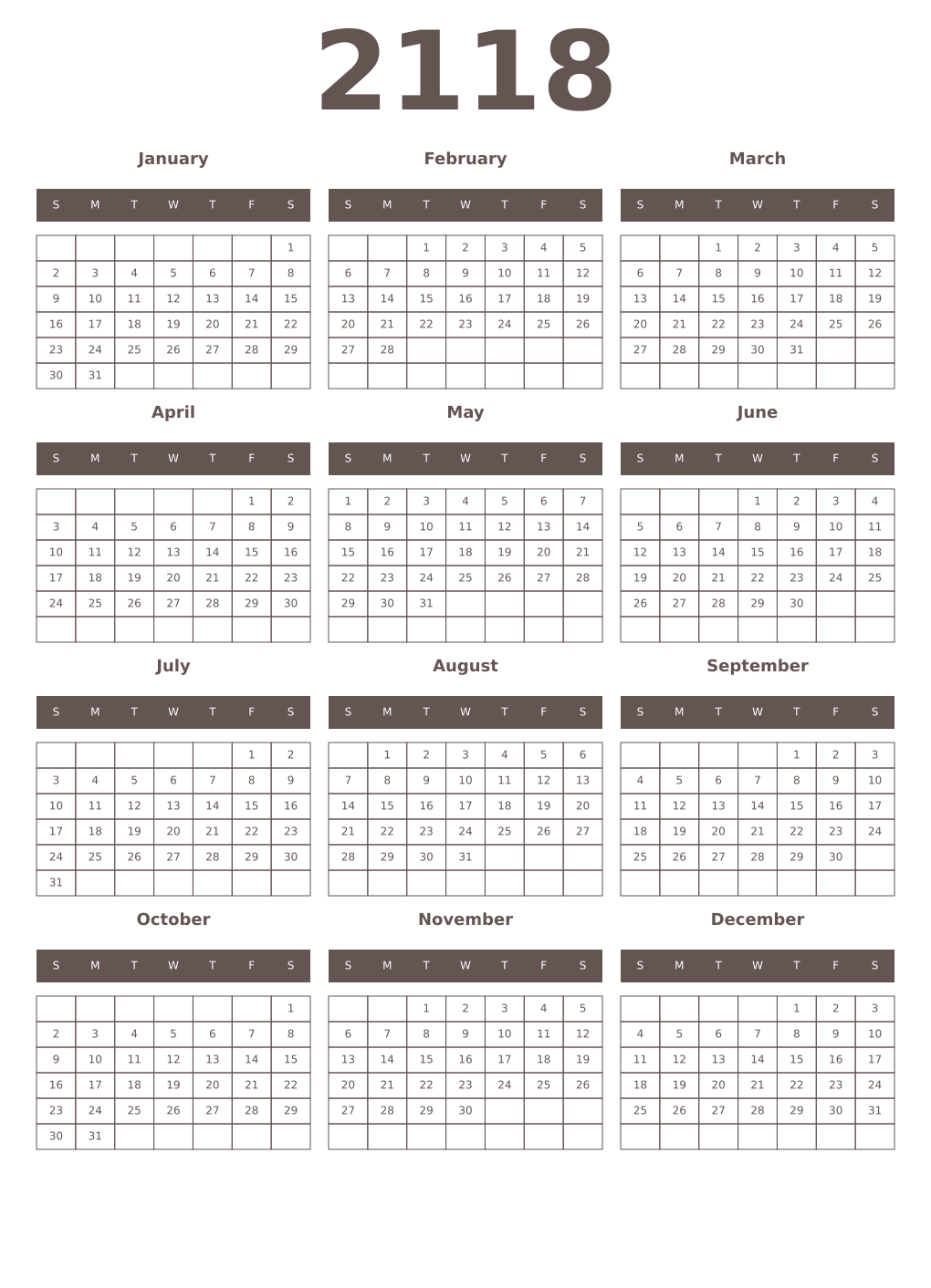 Printable 2118 Year Calendars wenge