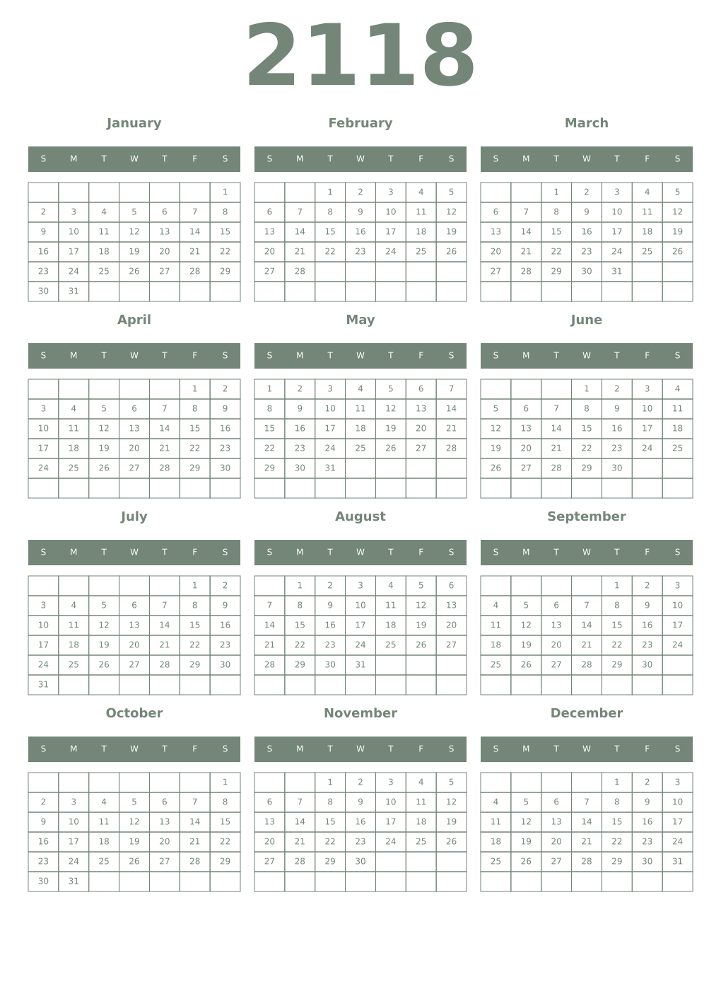 Printable 2118 Year Calendars xanadu
