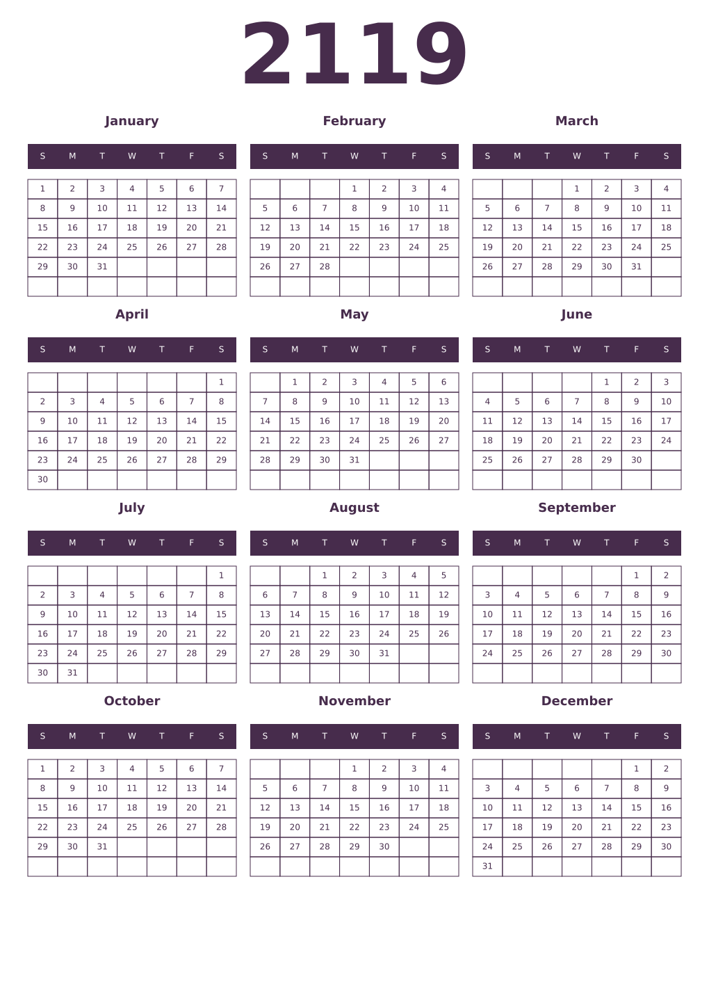 Printable 2119 Year Calendars aubergine
