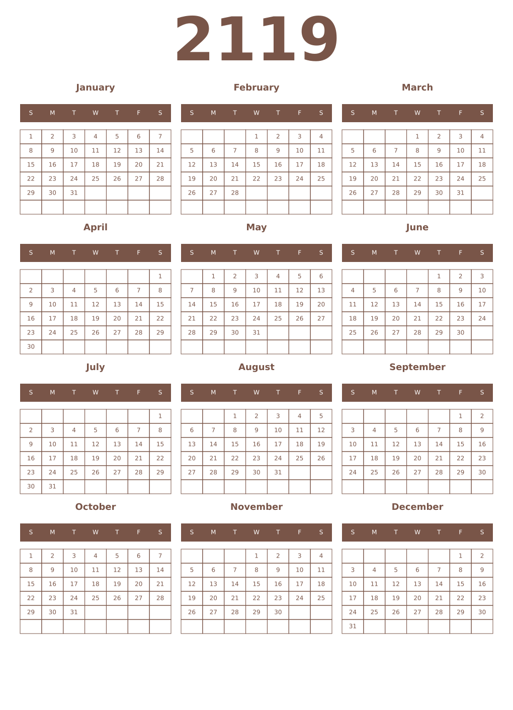 Printable 2119 Year Calendars coffe