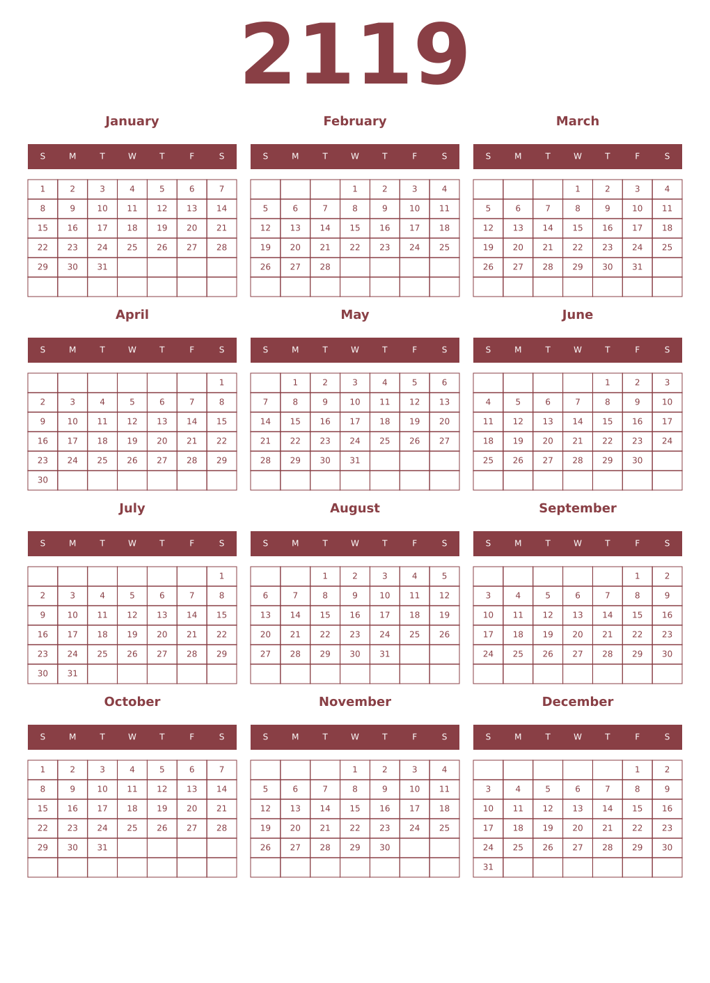Printable 2119 Year Calendars cordovan