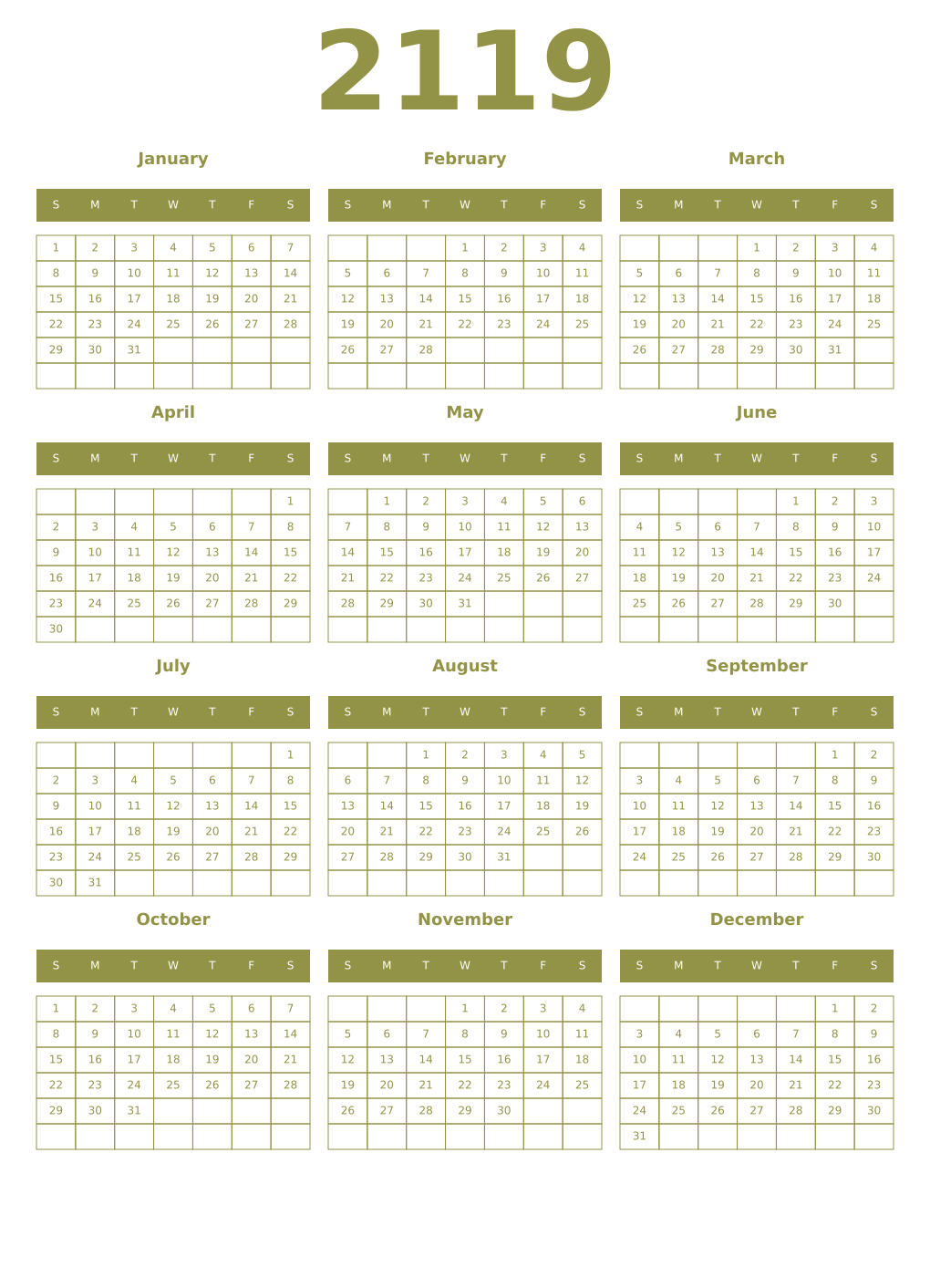 Printable 2119 Year Calendars eburnean
