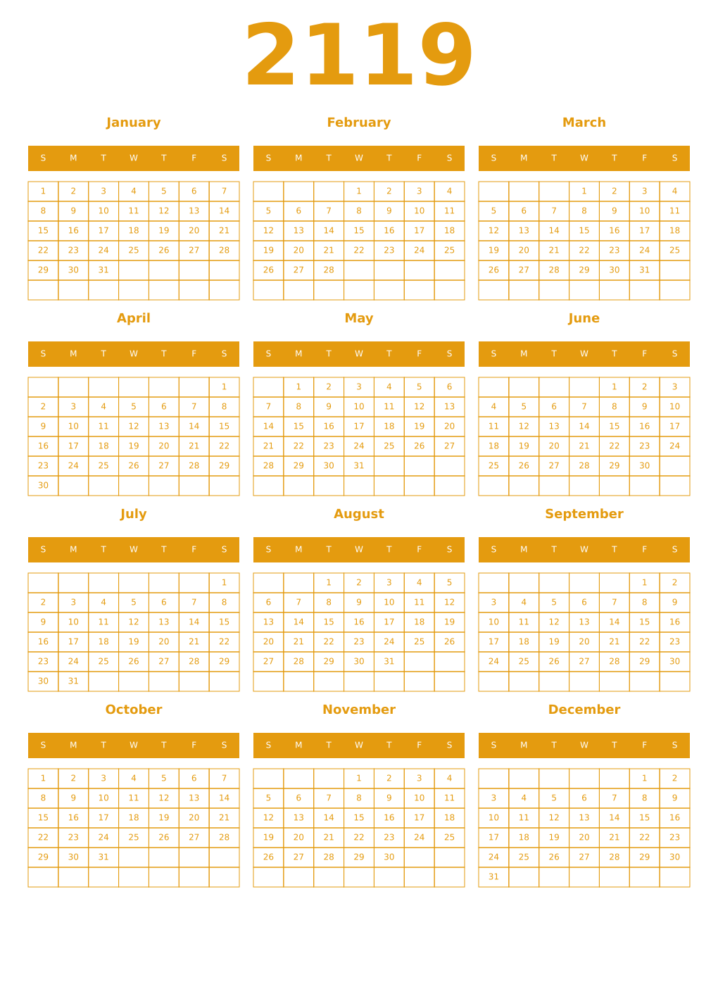 Printable 2119 Year Calendars gamboge