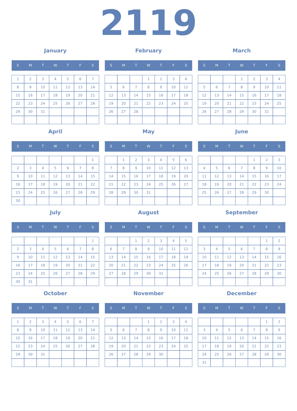 Printable 2119 Year Calendars glaucous
