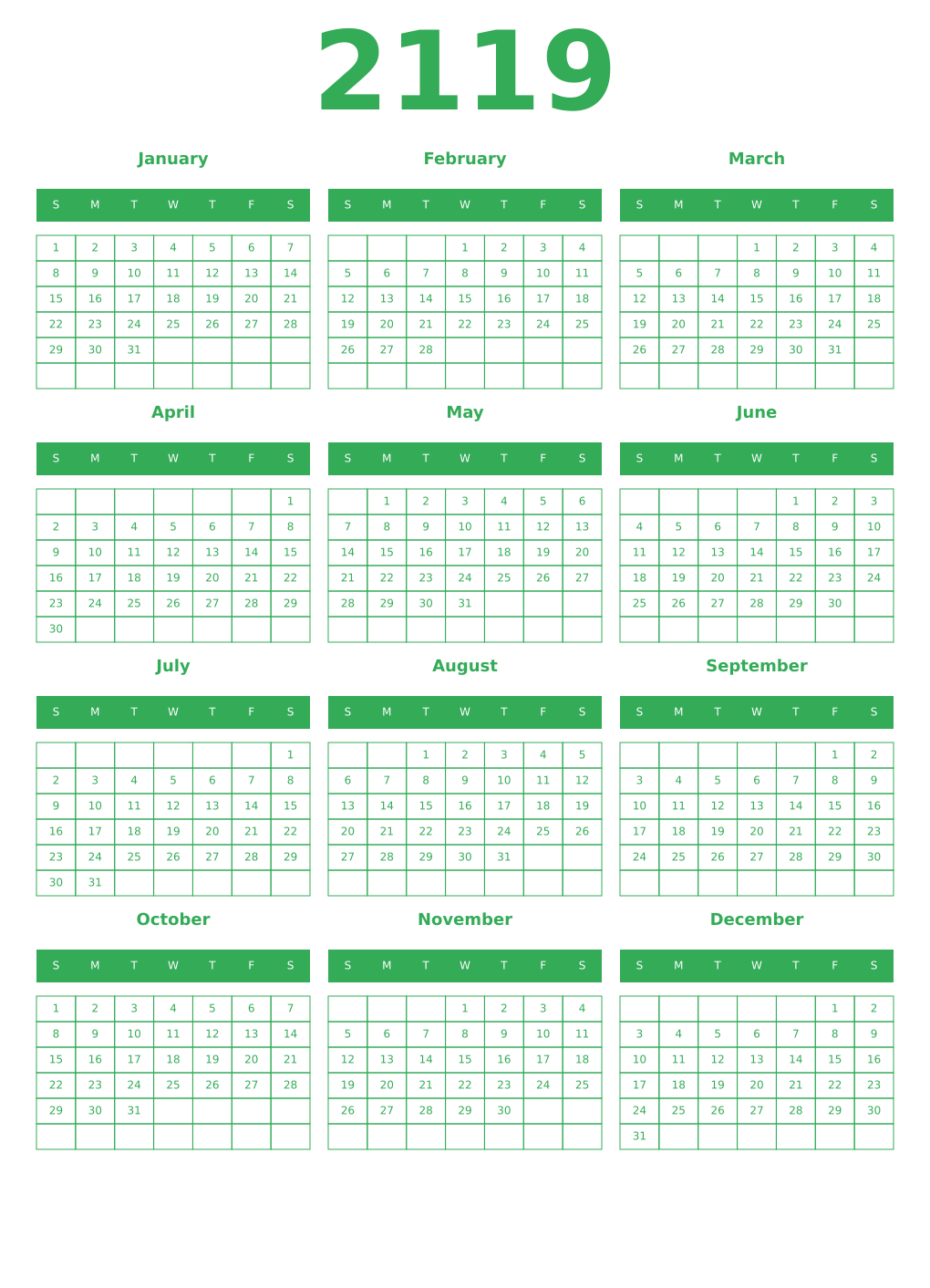 Printable 2119 Year Calendars green