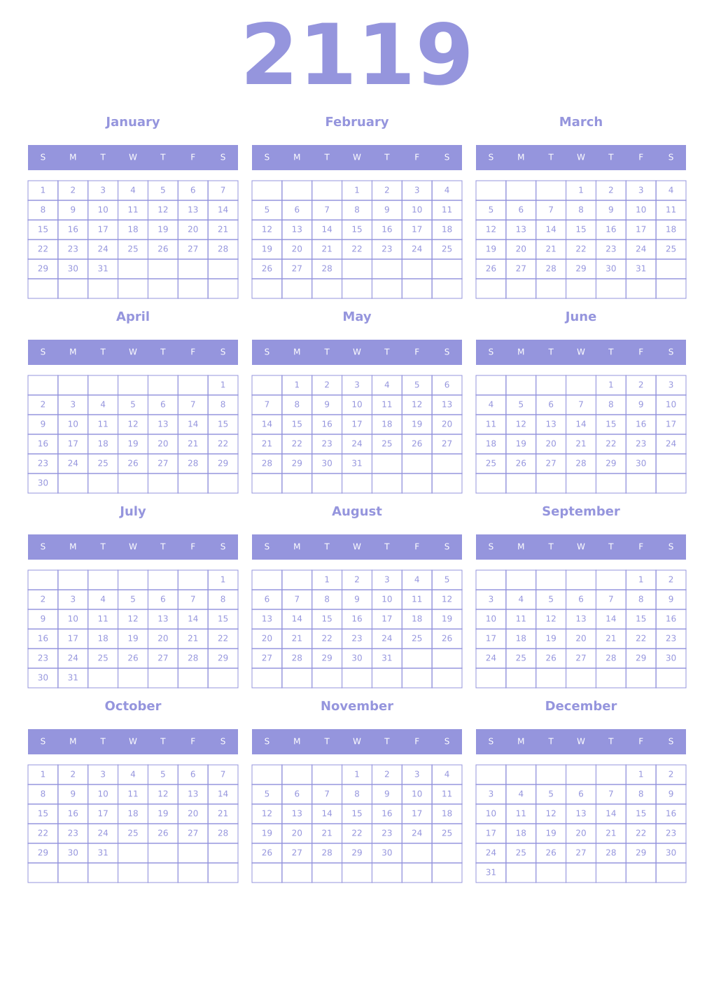 Printable 2119 Year Calendars periwinkle